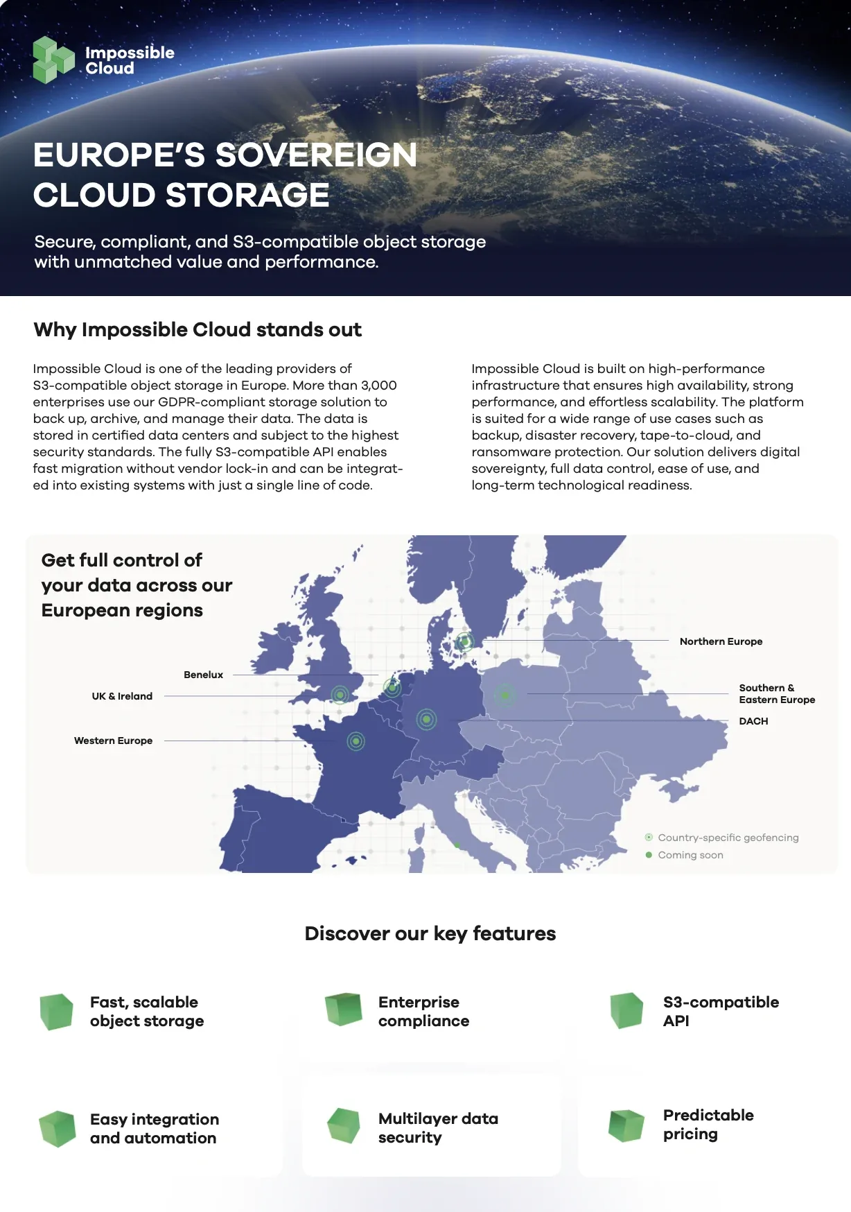 Product one-pager, page 1: Europe's sovereign cloud storage, with a European regions map and key features